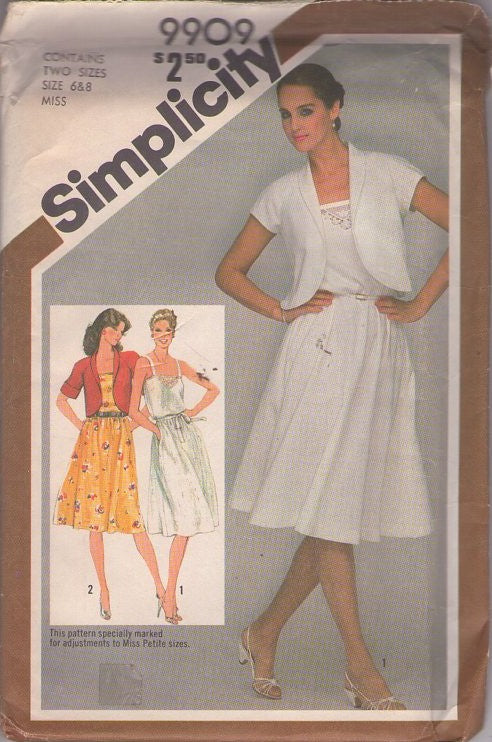 Simplicity 9909 Vintage 80's Sewing Pattern Disco Dress Set, Lace Front Summer Sundress, Flared Skirt Sundress & Cover Up Jacket Size 6-8