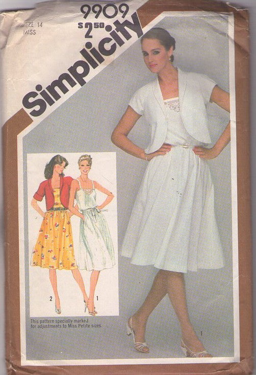Simplicity 9909 Vintage 80's Sewing Pattern Disco Dress Set, Lace Front Summer Sundress, Flared Skirt Sundress & Cover Up Jacket Size 14