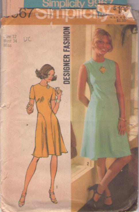 Simplicity 9967 Vintage 70's Sewing Pattern Mod Dress, Designer Fashion Smooth Front Panel, Flared Skirt Secretary Day Dress 2 Styles Size 12