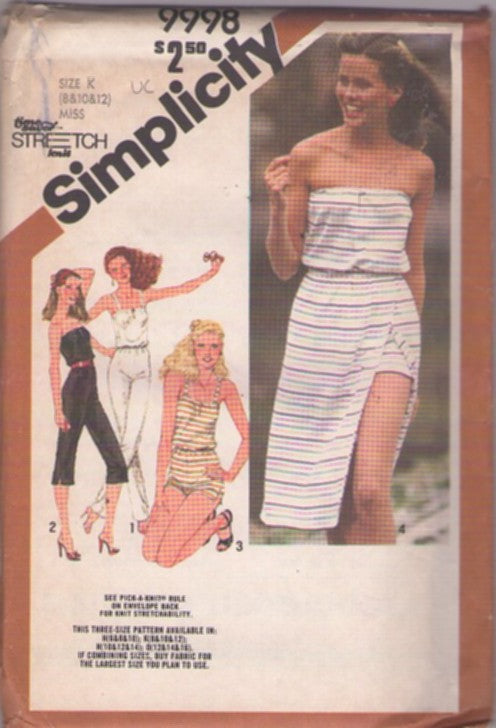 Simplicity 9998 Vintage 80's Sewing Pattern Summer Jumpsuits, Sandy in Grease, Strapless Capri Jumpsuit Costume, Disco Party Blouson Romper, Sunsuit, Wrap Around Skirt Size 8-12