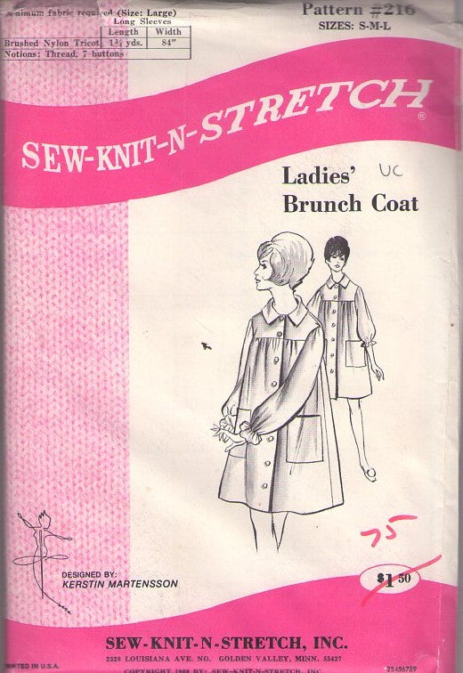 Sew Knit N Stretch 216 Vintage 60's Sewing Pattern Ladies' Robes, Artist Smock Style, Front Buttoned Brunch Coat, House Coat, Robe Size S-L