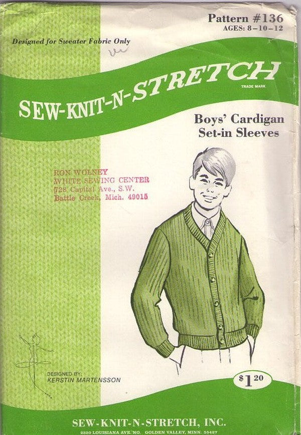 Sew Knit N Stretch 136 Vintage 60's Sewing Pattern Boys' Sweater, Grunge, Mister Rogers, Ribbed Cardigan Button Front Sweater with Set In Sleeves Size 8-12