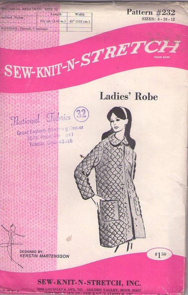 Sew Knit N Stretch 232 Vintage 70's Sewing Pattern Ladies' Robe, Classic Quilted Bathrobe, Robe, Duster Lounger Size 8-12