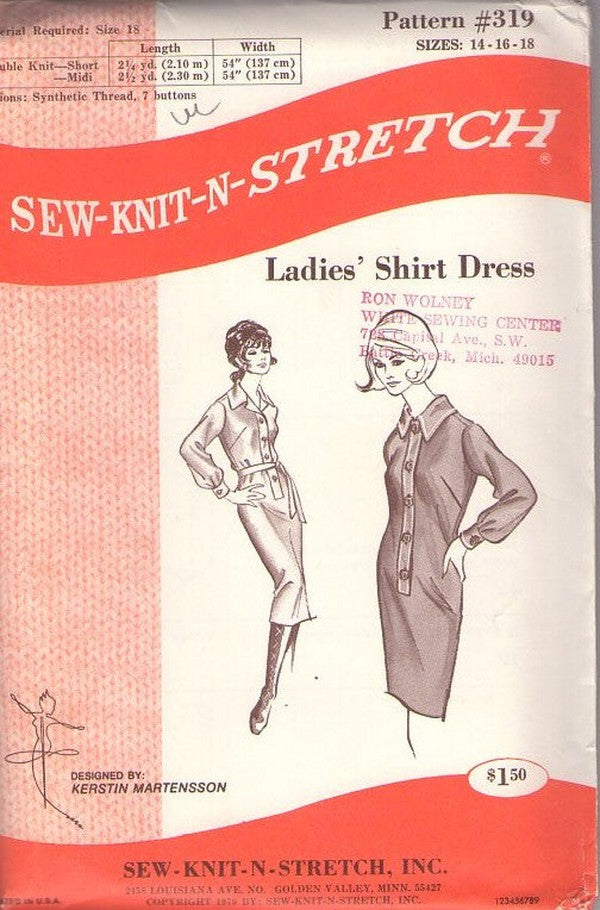Sew Knit N Stretch 319 Vintage 70's Sewing Pattern Mod Dress, Secretary Day Dresses, Front Button Band Shirtdress, Shirt Dress Size 14-18