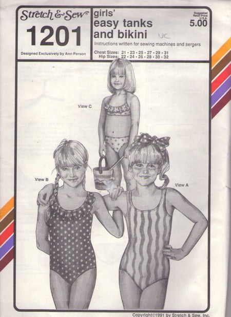 Stretch & Sew 1201 Retro 90's Sewing Pattern Girl's Swimsuit, Easy Tank Bathing Suit, Bikini Swimwear Chest 21-31