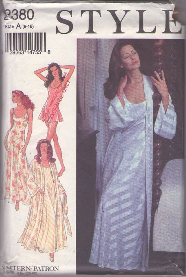 Style 2380 Vintage 90's Sewing Pattern Lingerie Wardrobe Babydoll Teddy, Basque Bias Nightgown, Matching Sweeping Robe, Bridal Set Size 6-16