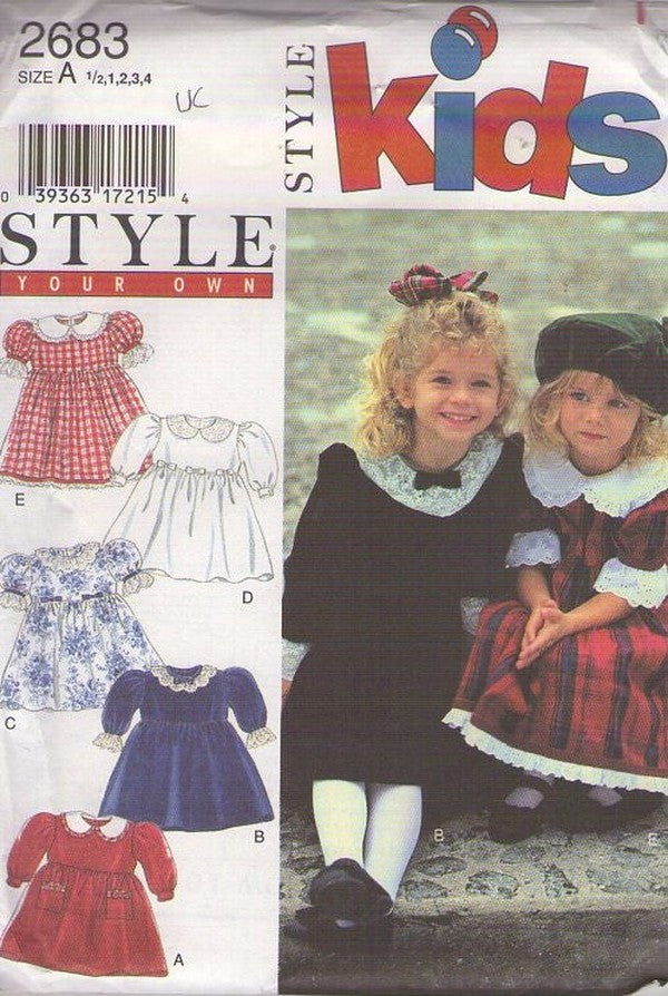 Style 2683 Vintage 90's Sewing Pattern Girls' Modest Holiday Party Dress Set, Tons of Options Size 1/2-4