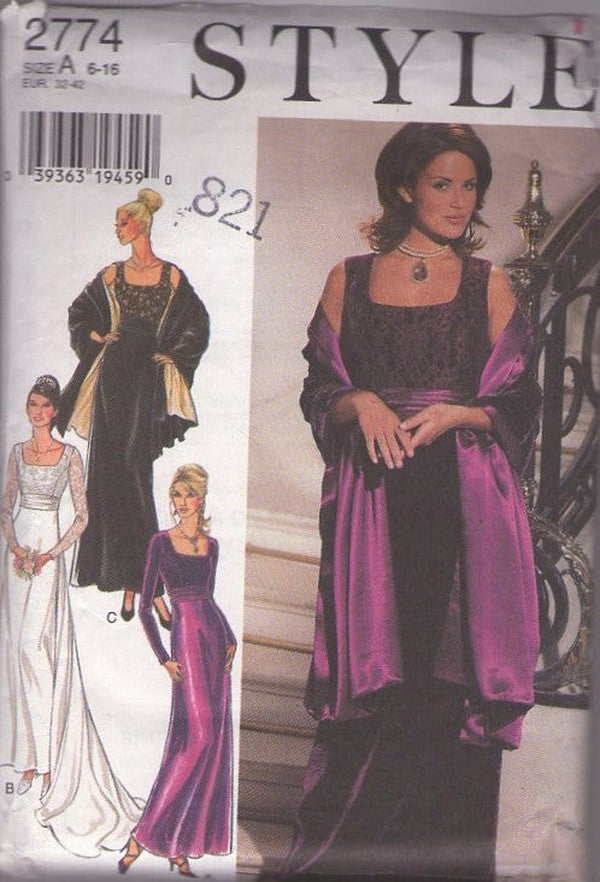 Style 2774 Vintage 90's Sewing Pattern Bridal Gown, Elegant Evening Dress, Reversible Stole, Gala Events Size 6-12
