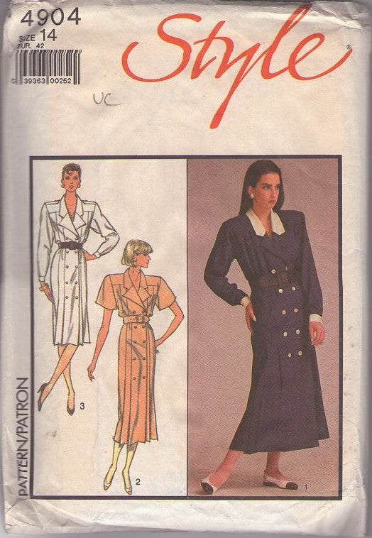 Style 4904 Vintage 80's Sewing Pattern Button Front Dress, Double Breasted Coat Dress, Secretary Styles Size 14