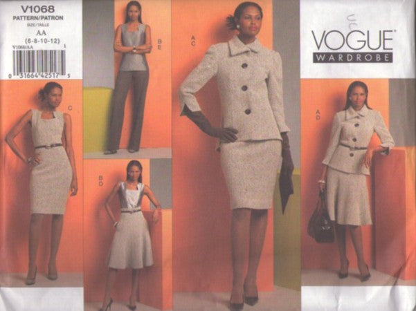 Vogue 1068 Retro 2008 Sewing Pattern Career Wardrobe, Shaped Neck Blouse Top, Sheath Dress, Flared Skirt, Slacks & Lined Suit Jacket Size 6-12