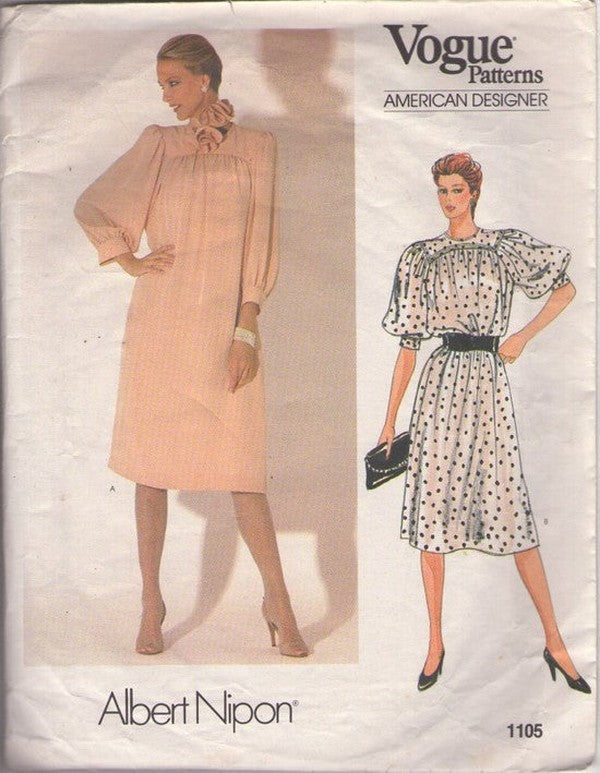 Vogue 1105 Vintage 80's Sewing Pattern Secretary Dress, American Designer Albert Nipon Balloon Bouffant Puff Sleeves Secretary Dress, Party Dress & Scarf Size 10