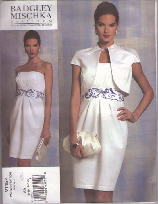Vogue 1154 Retro 2010 Sewing Pattern American Designer Dress, Jacket, Badgley Mischka, Gathers Pleats, Strapless Cocktail Party Dress, Embellished Midriff, Structural Jacket Size 6-12