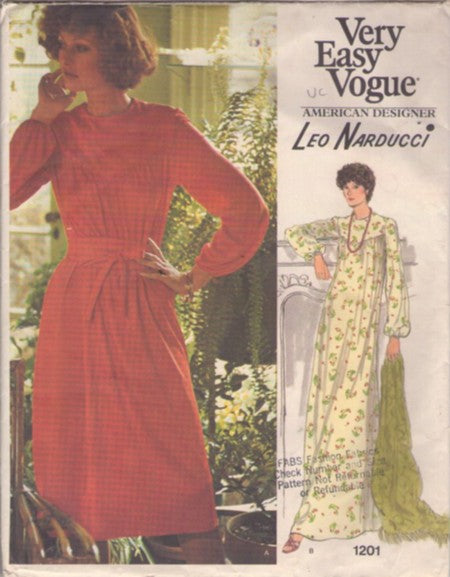 Vogue 1201 Vintage 70's Sewing Pattern Hostess Gown, Americana Designer Leo Narducci, Easy Secretary Dress, Long Caftan Muu Muu Lounge Gown, Wrap Obi Belt Size 16