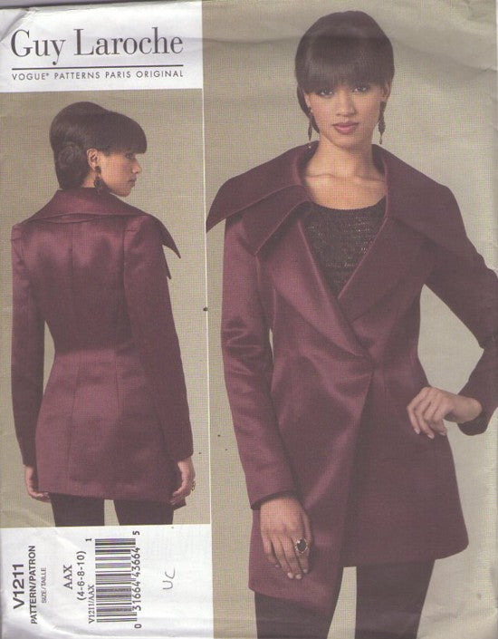 Vogue 1211 Retro 2010 Sewing Pattern Designer Jacket, Paris Original Guy Laroche, Angled Hemline HUGE Asymmetric Collar Front Wrap Jacket, Snap Closed Coat Size 4-10