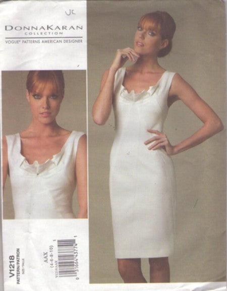 Vogue 1218 Retro 2011 Sewing Pattern Formal Dress, American Designer Donna Karan, Collection Ruffled Scoop Neck Fitted Cocktail Party, Beach Wedding Dress Size 4-10