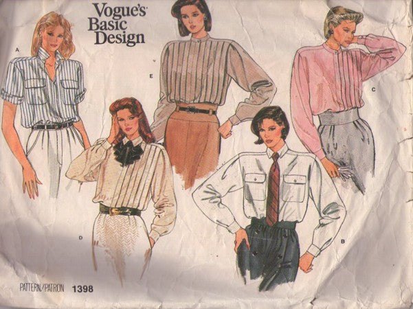 Vogue 1398 Vintage 80's Sewing Pattern Basic Design Blouse, Career Shirt Set, Pleats, 5 Styles Size 10