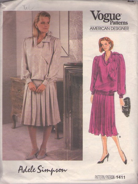 Vogue 1411 Vintage 80's Sewing Pattern 2 Piece Dress, American Designer Adele Simpson, Bloused Blouse, Top with Draped Tie Collar and Knife Pleated Skirt Size 16