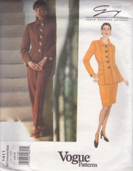 Vogue 1411 Retro 90's Sewing Pattern Suit Separates, Designer Original Genny, Fitted Dynasty Power Suit Jacket with Pockets, Mock Wrap Straight Skirt & Cuffed Trousers Size 6-10