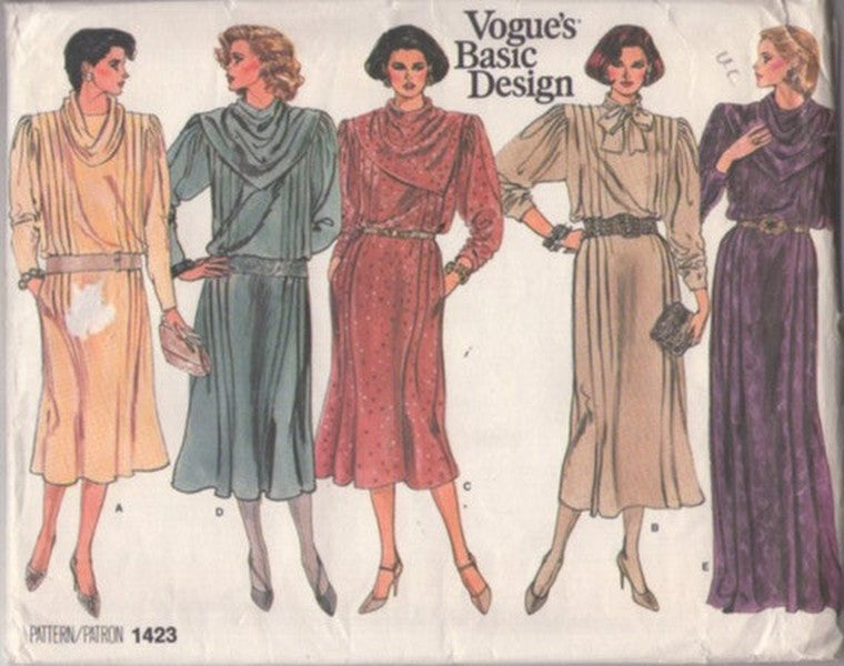 Vogue 1423 Vintage 80's Sewing Pattern Basic Design Dress Set, Straight Fitting Pressed Pleats 30s Glam Style Evening Gown, Secretary Party Dress, 5 Styles Size 12