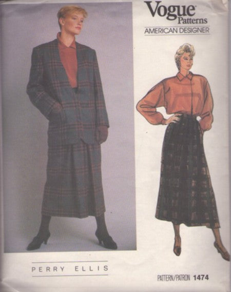 Vogue 1474 Vintage 80's Sewing Pattern Career Separates, American Designer Perry Ellis, Oversized Bloused Top, Shirt, Flared Midi Skirt, Long Over the Hips, Boyfriend Blazer Jacket, Coat Size 10