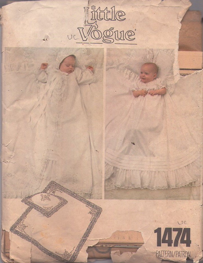 Vogue 1474 Vintage 80's Sewing Pattern Baby Layette, Heirloom Christening Gown, Dress, Bonnet, Coat, Bonnet Hat, Pillow Sham, Blanket with Embroidery One Size NB-3 Months