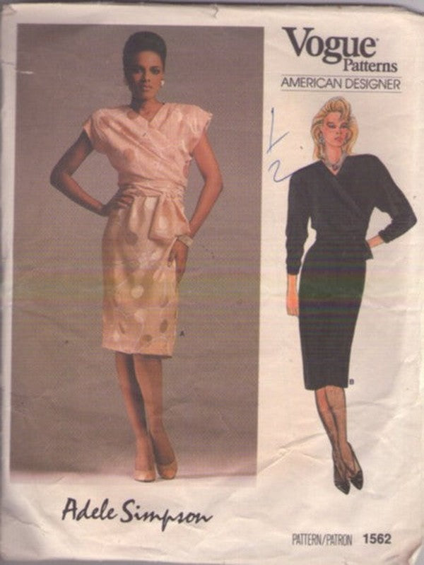 Vogue 1562 Vintage 80's Sewing Pattern Dinner Dress, American Designer Adele Simpson, Faux Wrap, Surplice Bodice with Obi Sash Wrap Tie Ends, Slim Fit Cocktail Party Dress, 2 Styles Size 14