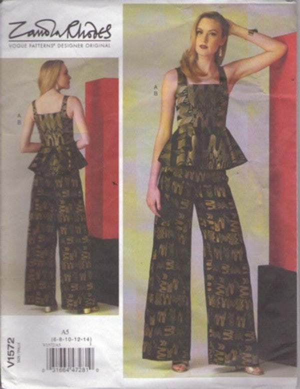 Vogue 1572 Retro 2017 Sewing Pattern Designer Original Pantsuit, Iconic Zandra Rhodes, Fitted Summer Peplum Bustier Style Top, Flared Leg Pants Pantsuit Size 6-12