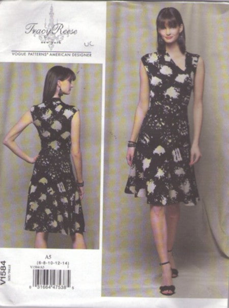 Vogue 1584 Retro 2018 Sewing Pattern American Designer Dress, Tracy Reese New York, Asymmetric V Neck Fit & Flared Cocktail Party Dress, Fancy Secretary Size 6-14