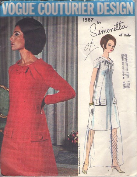 Vogue 1587 Vintage 60's Sewing Pattern Mod Dress, Couturier Design, Simonetta of Italy, Cocktail Party Size 16