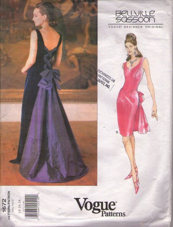 Vogue 1672 Retro 90's Sewing Pattern Formal Gowns, Designer Original Bellville Sassoon, Big Bow Back, Basque Waist, Cocktail Party Dress, Formal Prom Evening Gown 2 Styles Size 14-18