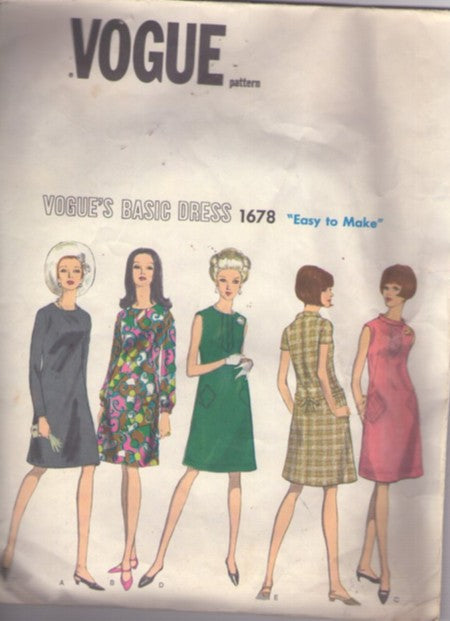 Vogue 1678 Vintage 60's Sewing Pattern Mod Dress, Basic Design, Easy to Make, Office, Cocktail Party, Size 16