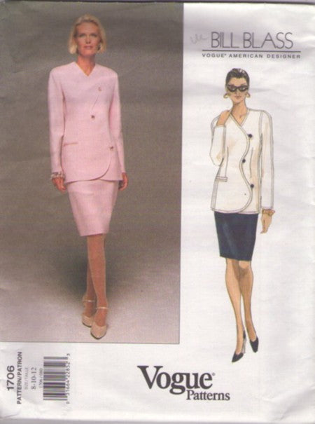 Vogue 1706 Vintage 90's Sewing Pattern Suit Dress, American Designer Bill Blass, Curved Scalloped Front Blazer Jacket, Slim Sheath Skirt, Power Suit Size 8-12