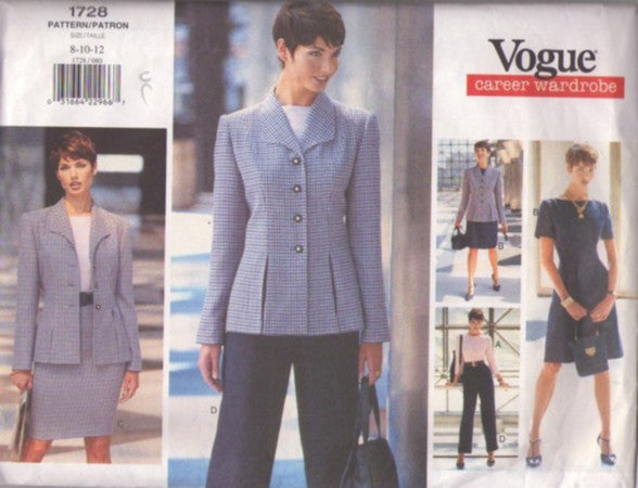 Vogue 1728 Retro 90's Sewing Pattern Career Wardrobe, Bateau Neck Top, Dress, Slim Fit Skirt, Wing Collar Suit Jacket & Slacks Size 8-12