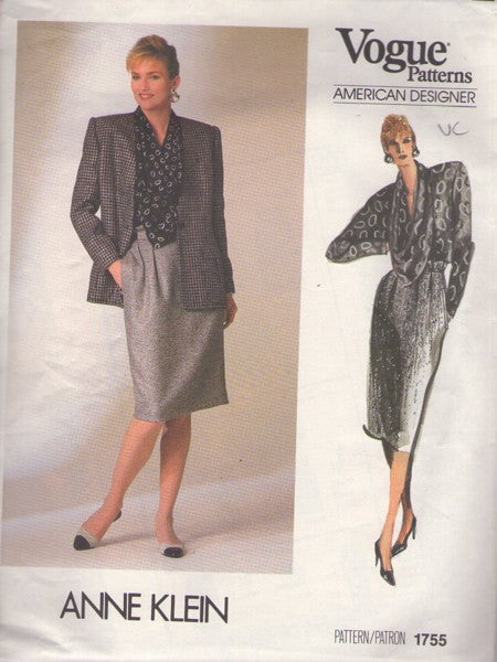 Vogue 1755 Vintage 80's Sewing Pattern American Designer Separates, Anne Klein Draped Cowl Loop Suit Blouse, Blazer Jacket, Slim Pleated Skirt Size 10