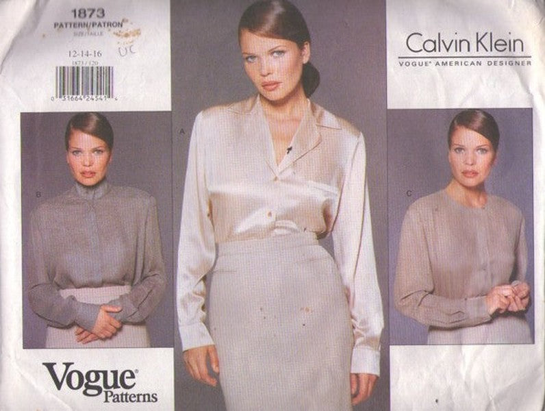 Vogue 1873 Retro 90's Sewing Pattern Party Blouses, American Designer Calvin Klein Minimalist Shiny Secretary Blouse Set, Long Sleeves, 3 Styles Size 12-16