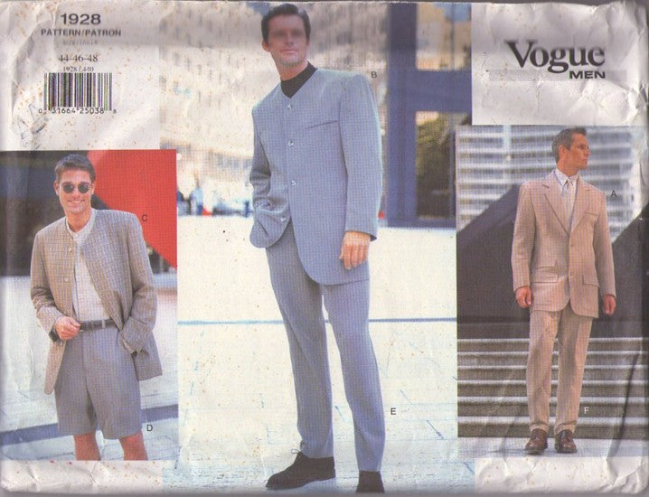 Vogue 1928 Retro 90's Sewing Pattern Men's Mod Hipster Style Collarless Linen Suit Jacket, Fly Front Shorts, Skinny Tapered Leg Pants, Trousers Size 32-36 M