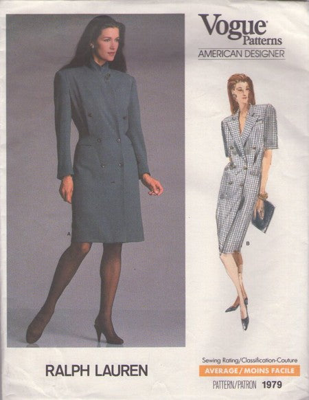 Vogue 1979 Vintage 80's Sewing Pattern American Designer Dress, Ralph Lauren, Double Breasted Front Buttoned Secretary Sheath Dress, 2 Styles Size 8