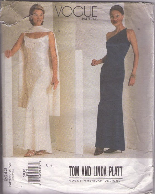 Vogue 2042 Retro 2001 Sewing Pattern Wedding Gown, American Designer Tom & Linda Platt, Simple 30s Style, Beach, Summer Wedding Dress, One Shoulder, Maxi Formal Dress, Scarf Wrap Stole Size 6-10