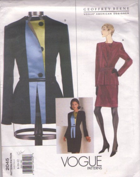 Vogue 2045 Retro 90's Sewing Pattern Suit Separates, American Designer Geoffrey Beene, Contrast Bands, Evening Jacket, Slim Skirt, 2 Piece Suit Dress Size 8-12