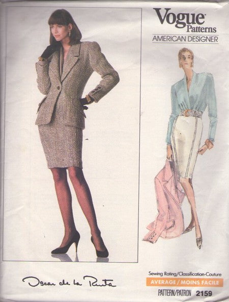 Vogue 2159 Vintage 80's Sewing Pattern American Secretary Power Suit, Designer Oscar de la Renta, Blouse with Front Tucks, Sheath Skirt & Suit Jacket Size 6-10