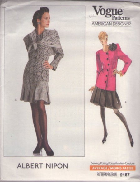 Vogue 2187 Vintage 80's Sewing Pattern Suit Dress, American Designer Albert Nipon, Long Over the Hips Suit Jacket, Box Pleated Skirt, 2 Piece Dress & Scarf Size 6-10