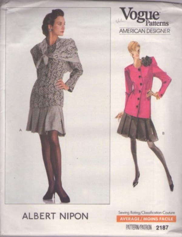 Vogue 2187 Vintage 80's Sewing Pattern Suit Dress, American Designer Albert Nipon, Long Over the Hips Suit Jacket, Box Pleated Skirt, 2 Piece Dress & Scarf Size 6-10