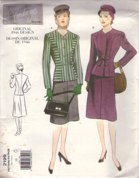 Vogue 2199 Retro 90's Sewing Pattern Repro 40s Suit Dress, Vintage Model 1946 Afternoon Looks, Shaped Seams Jacket Top, A-Line Skirt Size 10