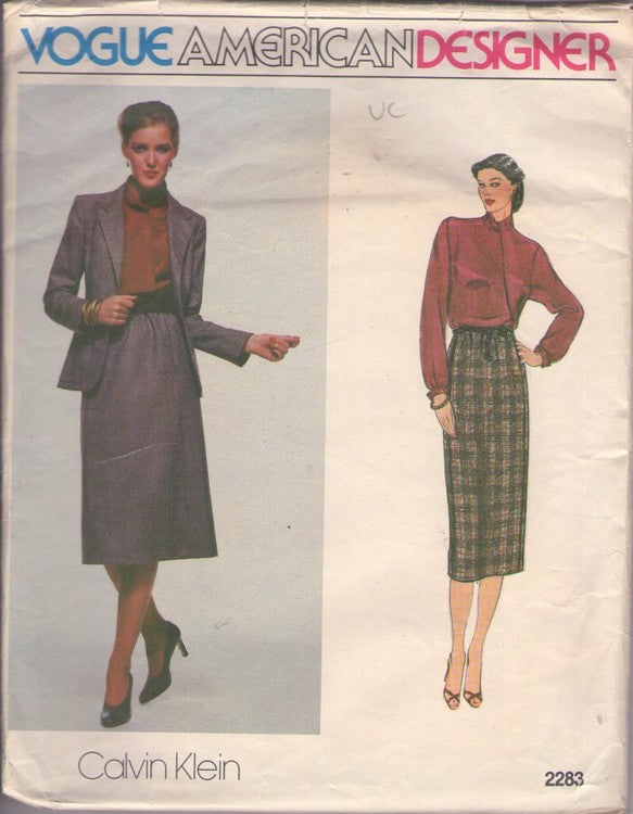 Vogue 2283 Vintage 80's Sewing Pattern Suit Separates, American Designer Calvin Klein, Wrap Front, Mandarin Collar Blouse, Blazer Jacket, Flared Skirt Size 10