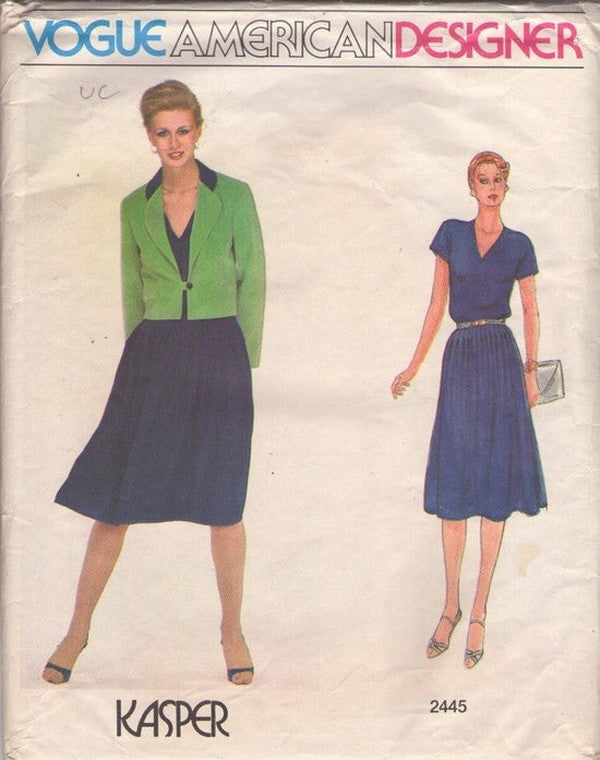 Vogue 2445 Vintage 80's Sewing Pattern Secretary Separates, American Designer Kasper, Pleated Flared Skirt, V Neck Blouse Top, 2 Piece Dress, Jacket Size 14