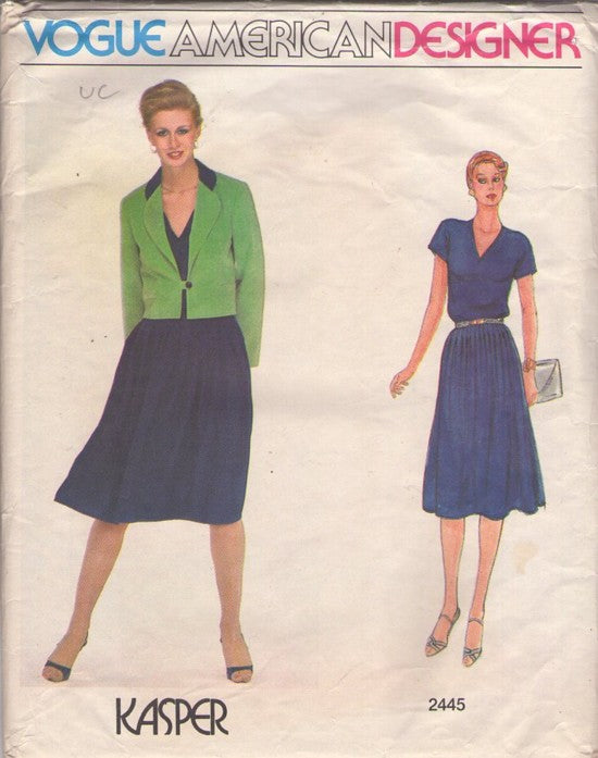 Vogue 2445 Vintage 80's Sewing Pattern Secretary Separates, American Designer Kasper, Pleated Flared Skirt, V Neck Blouse Top, 2 Piece Dress, Jacket Size 14
