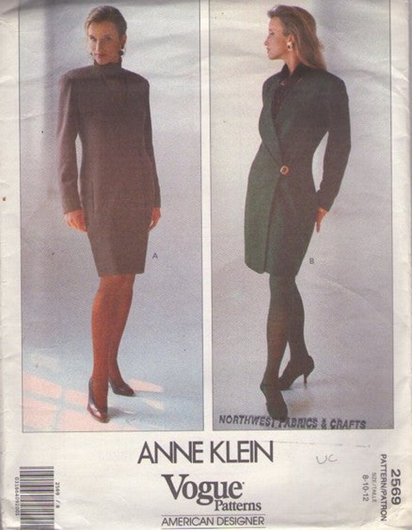 Vogue 2569 Vintage 90's Sewing Pattern Career Dress, American Designer Anne Klein, V Neck Front Wrap Coat Dress, Office Styles Size 8-12
