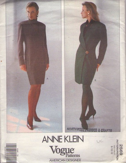 Vogue 2569 Vintage 90's Sewing Pattern Career Dress, American Designer Anne Klein, V Neck Front Wrap Coat Dress, Office Styles Size 8-12