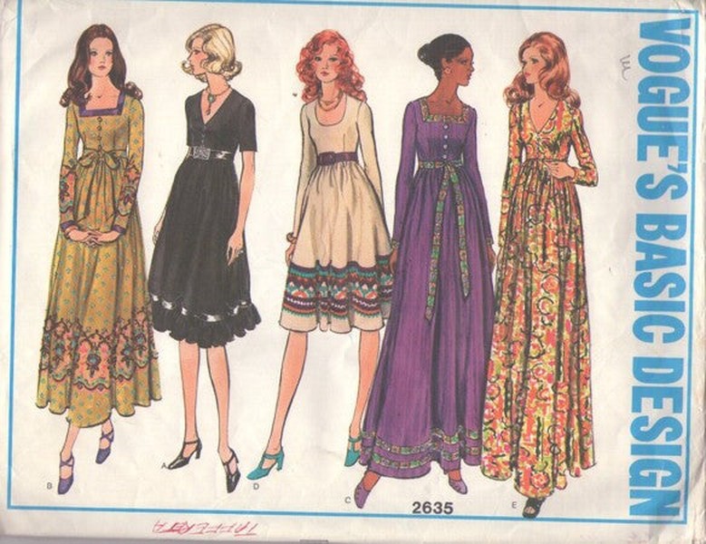 Vogue 2635 Vintage 70's Sewing Pattern Hippie Dress, Bohemian Hostess, Knee, Midi, Maxi Lengths, 5 Styles Size 12