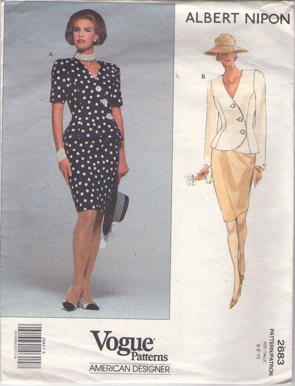 Vogue 2683 Retro 90's Sewing Pattern American Designer Suit Dress, Albert Nipon, Pretty Woman Styles, Curved Button Front Jacket Top Blouse, Slim Pencil Skirt Size 6-10